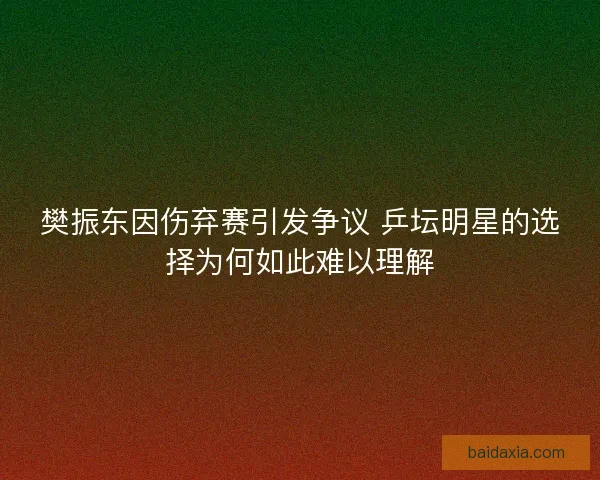 樊振东因伤弃赛引发争议 乒坛明星的选择为何如此难以理解